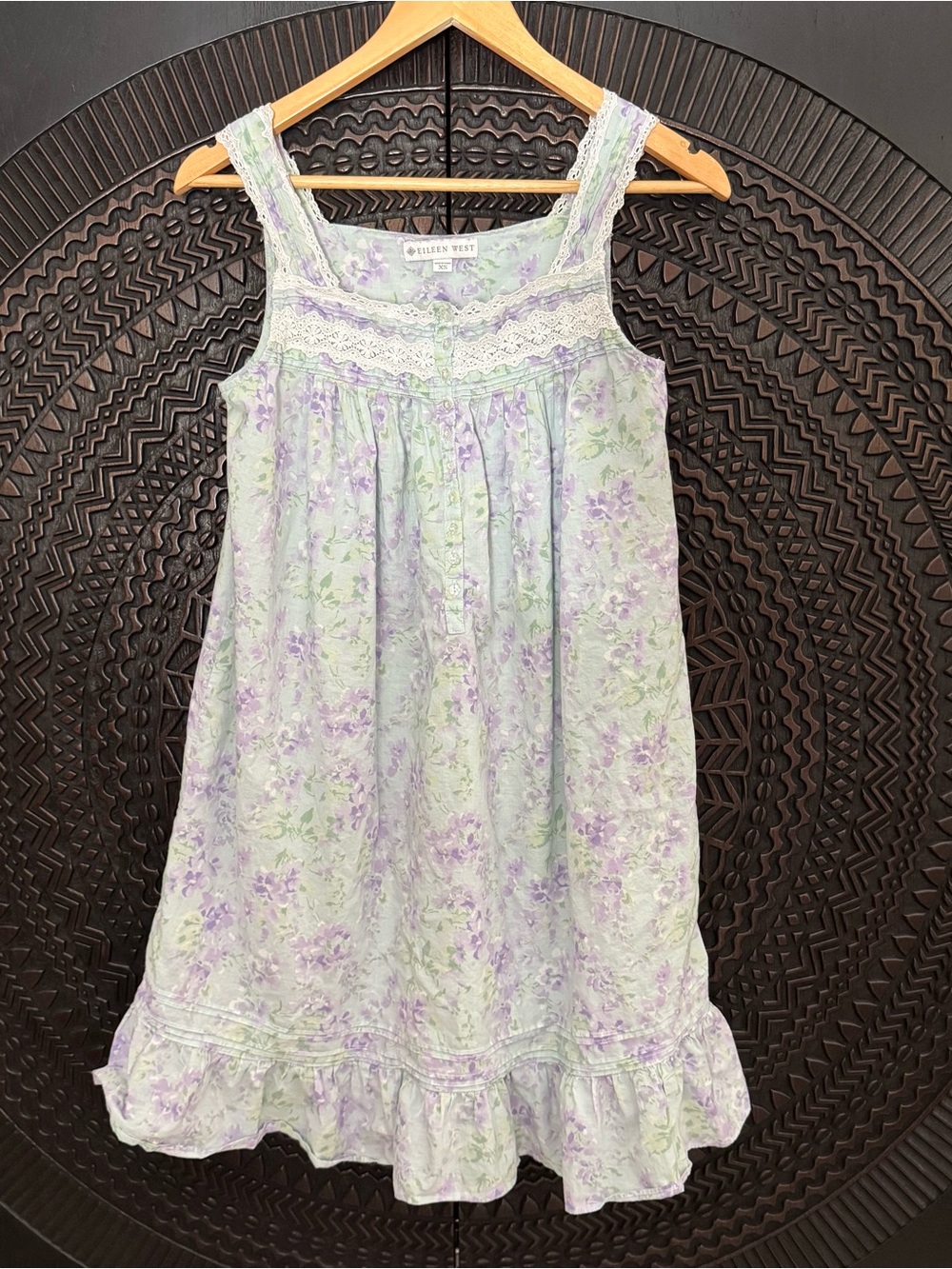 Eileen West Sleeveless Short Nightgown XS Purple Green Lace Cotton Cottage Boho